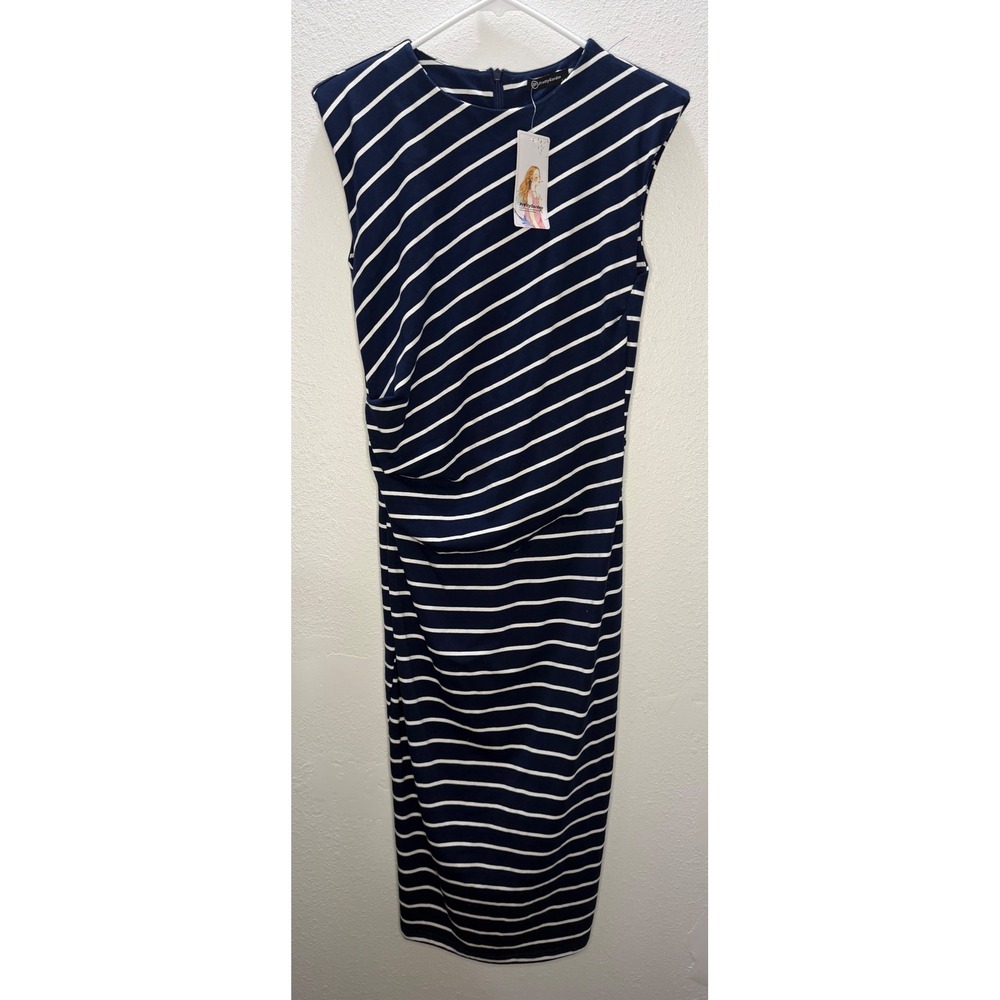 PrettyGarden Navy Blue White Striped Ruched Sleeveless Midi Dress Size L New